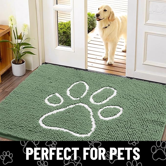 Smiry Dog Door Mat for Muddy Paws, Absorbent Dirt Trapper Non Slip Quick Dry Washable Chenille Mat for Mud Dogs, Entry Rug for Indoor and Outdoor (24x16 Inches, Olive Green and White)