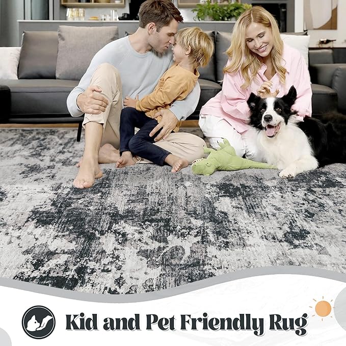 XLUEZ 9x12 Area Rug for Living Room, Washable Modern Abstract Large Area Rug Neutral Soft Non Slip Kids Rug Stain Resistant Indoor Carpet for Bedroom Dining Room Playroom Office(Black, 9'x12')