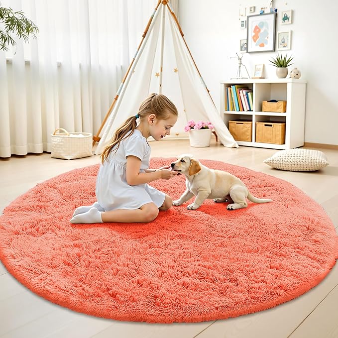 OLANLY Coral Red Round Rugs for Bedroom - Machine Washable, 5 ft Circle Area Rugs for Living Room, Soft and Fluffy Shaggy Carpet for Teen Girl and Boys, Nursery Rooms, Dorms, Home Decor Aesthetic