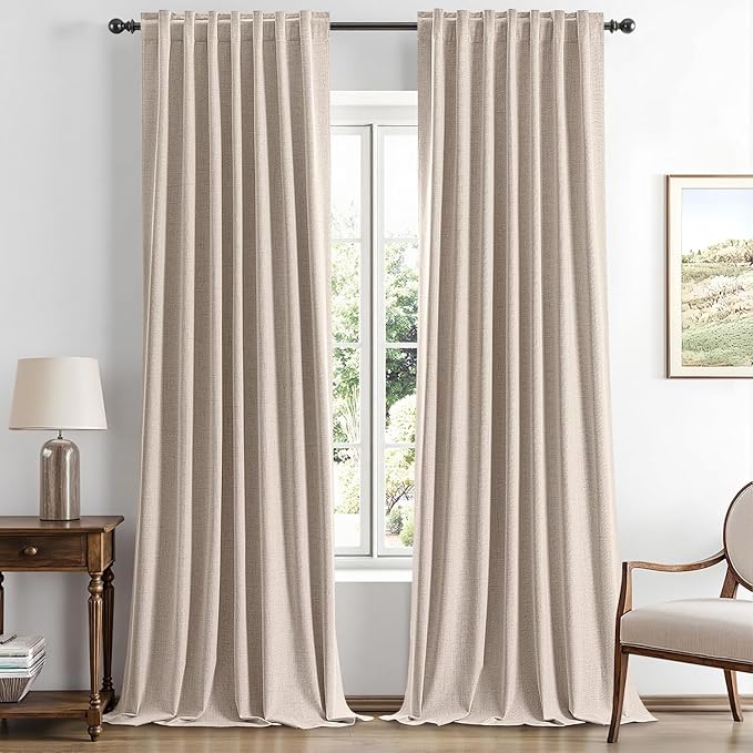 MIULEE 100% Blackout Linen Curtains for Bedroom, Beige Solid Luxury Decor Thermal Insulation Room Darkening Drapes for Living Room Nursery Back Tab Rod Pocket 42 x 108 Inches, 2 Panels
