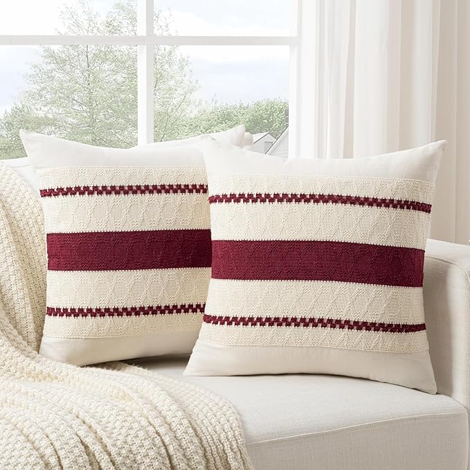 Fancy Homi Set of 1 Burgundy Boho Decorative Throw Pillow Covers 22x22 Inch for Couch Bed Sofa, Aesthetic Modern Farmhouse Christmas Room Decor, Soft Cotton Cute Textured Wind Red Cushion Case