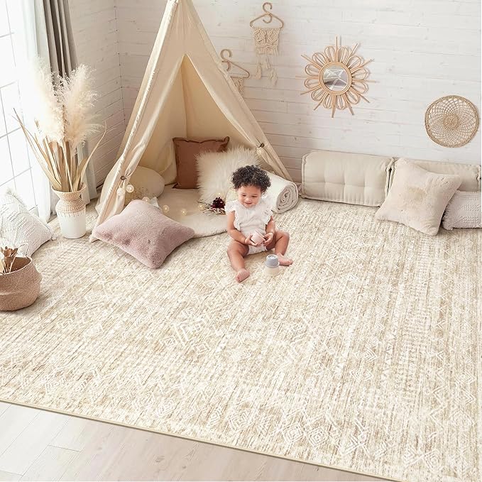 Washable Area Rug 5x7: Moroccan Rug for Living Room Geometric Boho Rug Farmhouse Non Slip Stain Resistant Rugs Low Pile Soft Carpet for Bedroom Dining Room Home Office Children Room (Beige,5'x7')