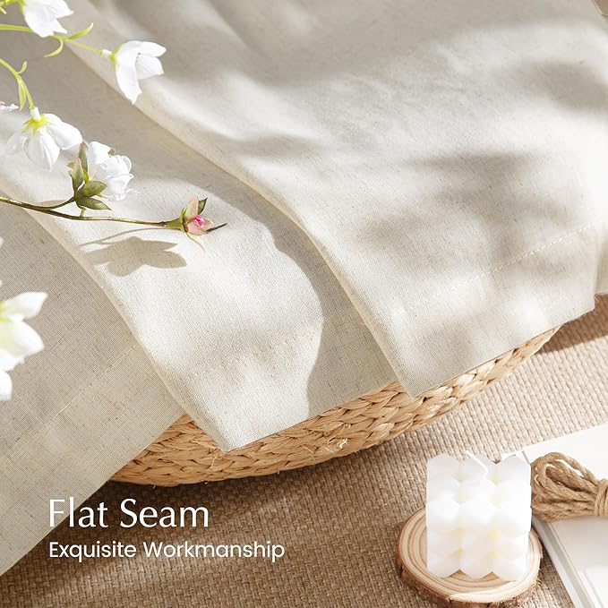 NICETOWN Linen Flax Semi Sheer Curtains 92" Length, Grommet Window Treatments Privacy Added with Light Penetration Vertical Drapes for Loft/Home Office, Natural, W55 x L92, 2 Panels