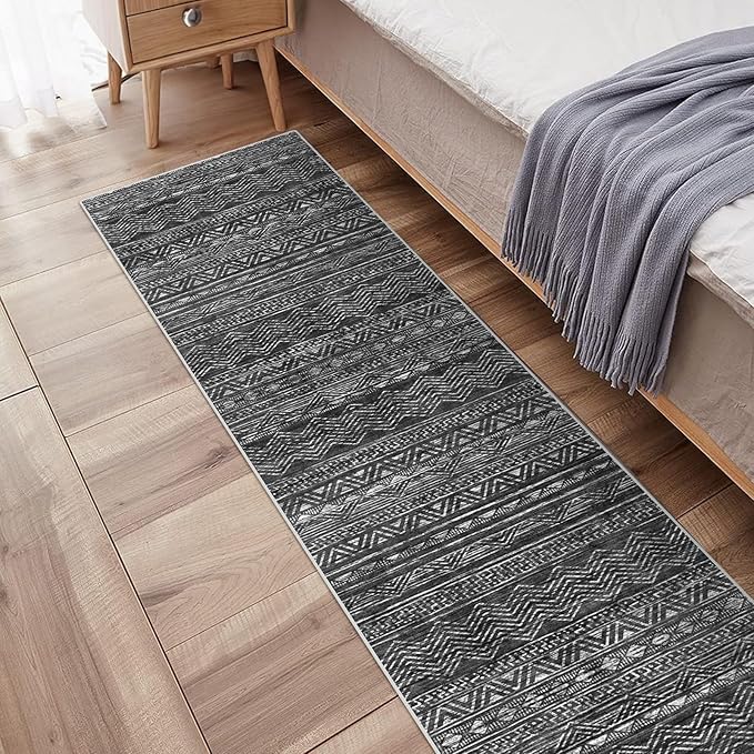 Moroccan 2'6"x8' Hallway Runner Rug - Kitchen Rugs Washable Bedroom Floor Carpet Non-Slip Living Room Rug Rubber Backing Mat Low Pile 2'6"x8' Black