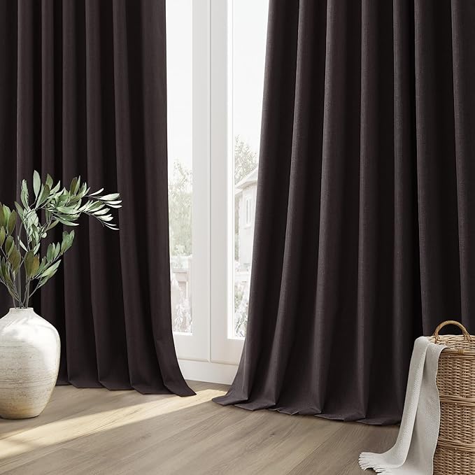 Guken Cocoa Coffee 100% Blackout Linen Curtains 120 Inch Length 2 Panels Set for Living Room Bedroom Back Tab/Rod Pocket Thermal Insulated Farmhouse Black Out Drapes Room Darkening,52x120