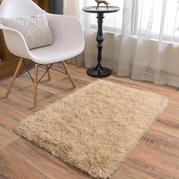 Soft Runner Rugs for Bedroom Hallways, 2x3 Beige Fluffy Shag Throw Area Rug for Bedside Dorm, Long Shaggy Furry Carpet for Nursery Living Room New Upgraded Non-Slip Bottom
