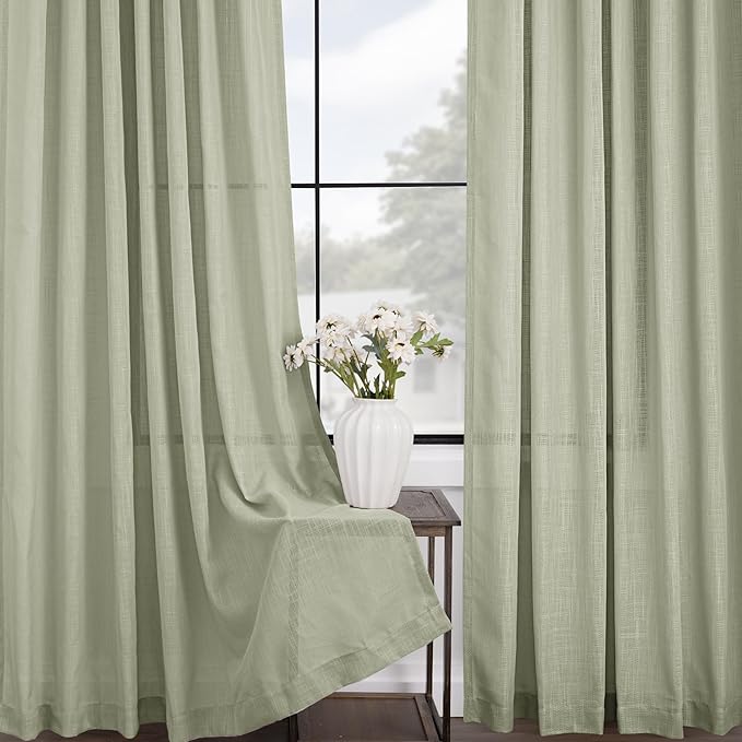 Linen Blend Sage Green Curtains 63 inch Length 2 Panels for Bedroom Back Tab Light Filtering Semi Sheer Drapes Linen Cotton Textured Light Green Airy Modern Farmhouse Living Room Sage Aesthetic Decor