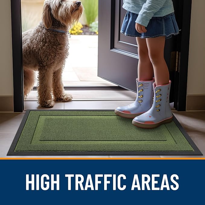 OLANLY Front Door Mat Indoor Outdoor Entrance, Waterproof All-Season, All-Weather Doormat, Sturdy Natural Rubber, Low Profile, Easy Clean Patio Porch Entryway Mat, 47x23, Classic Green
