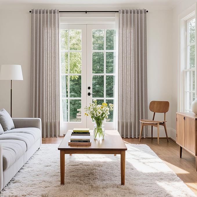 Nanspring Brownish Grey Linen Curtains for Living Room 86 Inches Long Back Tab Light Filtering Semi Sheer Curtain Modern Farmhouse Decor for Bedroom Office Luxury Textured Drapes 52x86, 2 Panels