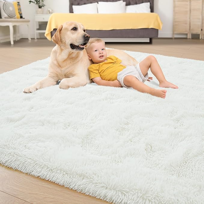Tepook Super Soft Fluffy Rug for Bedroom, Modern Shaggy Fuzzy Kids Rugs for Living Room, Plush Indoor Nursery Home Decor Dorm Carpet with Non-Slip Bottom, Cream White, 5 X 8 Feet