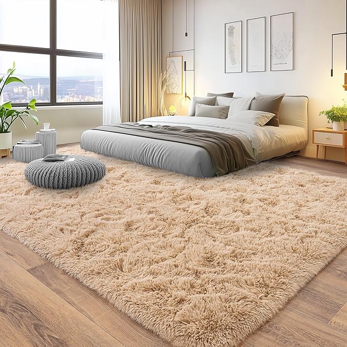 Pionblank 8x10 Rug for Living Room, Fuzzy Plush Large Area Rug, Fluffy Modern Shag Non Slip Soft Furry Carpet for Bedroom Kids Room Nursery Teens Dorm Home Decor, Camel