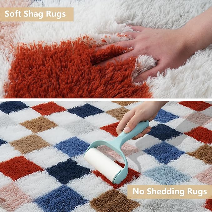 Shag Area Rug for Bedroom Living Room,5x8 Fluffy Soft Colorful Checkered Rug Fuzzy Shaggy Bedroom Carpet,Indoor Plush Floor Rugs for Kids Boys Girls Teen Dorm Nursery Home Decor
