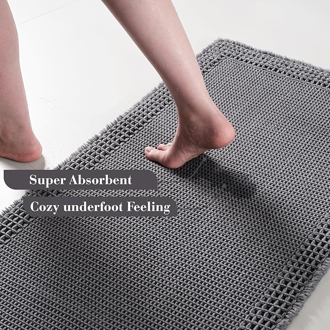 RESARE Waffle Bath Mat for Bathroom, Super Absorbent Bathroom Rugs Non Slip Machine Washable, Ultra Soft Quick Dry Boho Bath Rugs with Tassels for Floor, Upgraded Bordered Design, 24"x36" Dark Grey