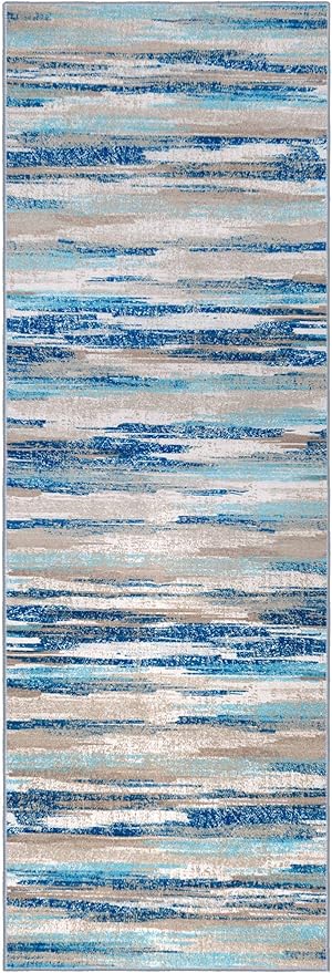 Lansny Modern Abstract Runner Rug 2.6x12, Blue Washable Long Kitchen Runner Non-Slip Soft Hallway Rug Runner Thin Print Faux Wool Carpet for Entryway Bedroom Laundry Room Indoor Home Decor