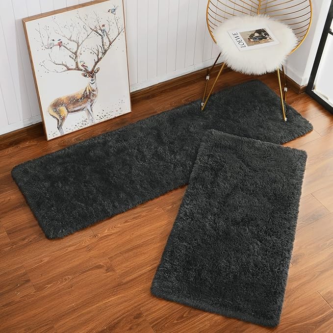 Chicrug Soft Runner Rug for Bedroom Living Room Plush Fluffy Rug 2x3 Feet, Shag Furry Runner Rugs Carpet Non Shedding for Nursery Children Kids Girls Room Home Decorative, Dark Grey
