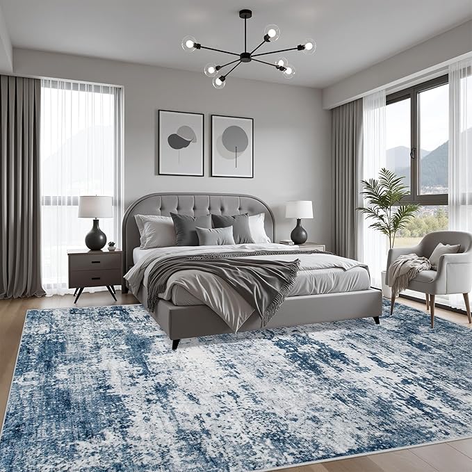 5x7 Area Rug Living Room Rug: Washable Modern Abstract Soft Thin Rug Indoor Floor No Slip Stain Resistant Carpet for Bedroom Dining Room Farmhouse Nursery Home Office - Blue