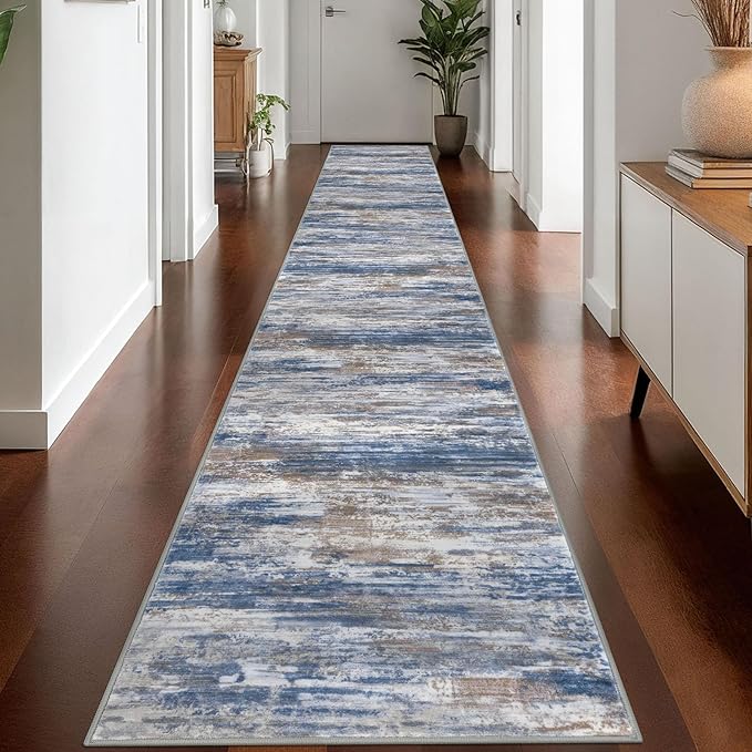 KOZYFLY Modern Abstract Washable Rug Runner 2.6x18 Hallway Rug Runner Non-Slip Soft Kitchen Runner Rugs, Blue Rust Striped Carpet for Entryway Bathroom Laundry Room Foyer