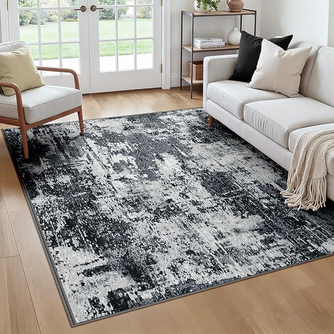 Washable Area Rugs Square 6ft Non-Slip Modern Abstract Soft for Living Room Entryway Bedroom Nursery, Print Pattern, Black Navy Blue Gray