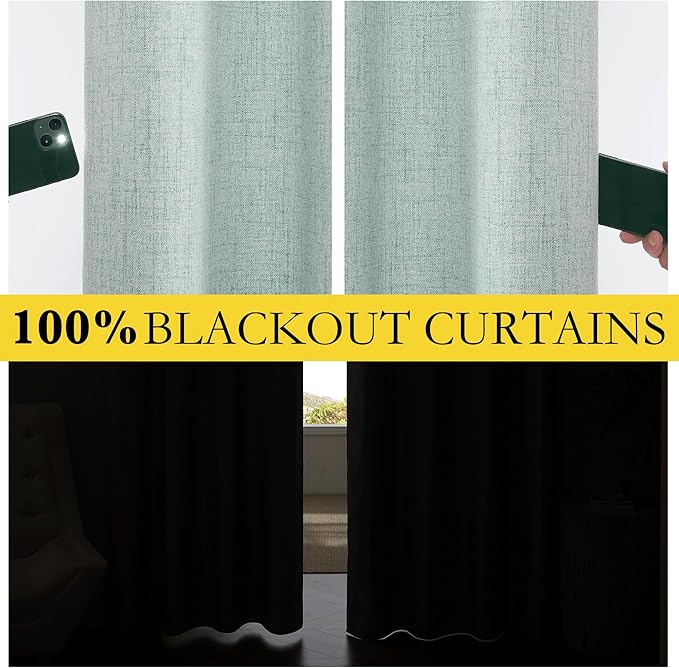 NICETOWN 100% Absolutely Blackout Linen Curtains with Thermal Insulated Liner, Seafoam Green, 62" Wide, 84" Length Energy Saving Curtains for Living Room 2 Panels Set, Vertical Blinds