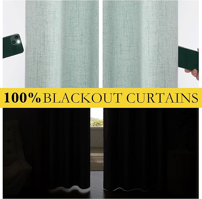 NICETOWN 100% Absolutely Blackout Linen Curtains with Thermal Insulated Liner, Seafoam Green, 42" Wide, 72" Length Energy Saving Curtains for Classroom 2 Panels Set, Vertical Blinds