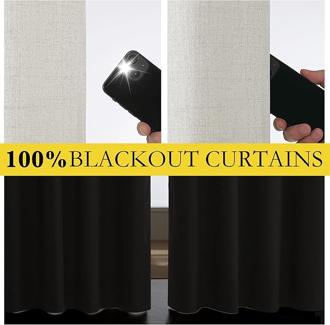 NICETOWN Snowbound Vintage Linen 100% Blackout Curtains for Living Room, Thermal Insulated Curtains 95" Long, Noise Reducing Window Treatment Drapes for Bedroom, 52" Wide Per Panel, Set of 2