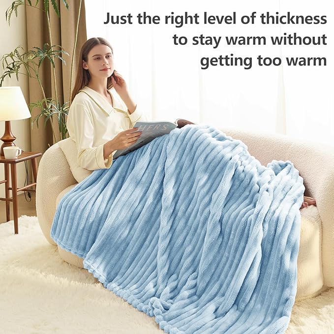 HIMEET Light Blue Ribbed Twin Blanket for Bed - 300GSM Lightweight Fleece Blanket for Men Women, Blankets Graduation Birthday Gifts, Striped Spring Home School Dorm Decor, Light Blue, 60x80 Inches