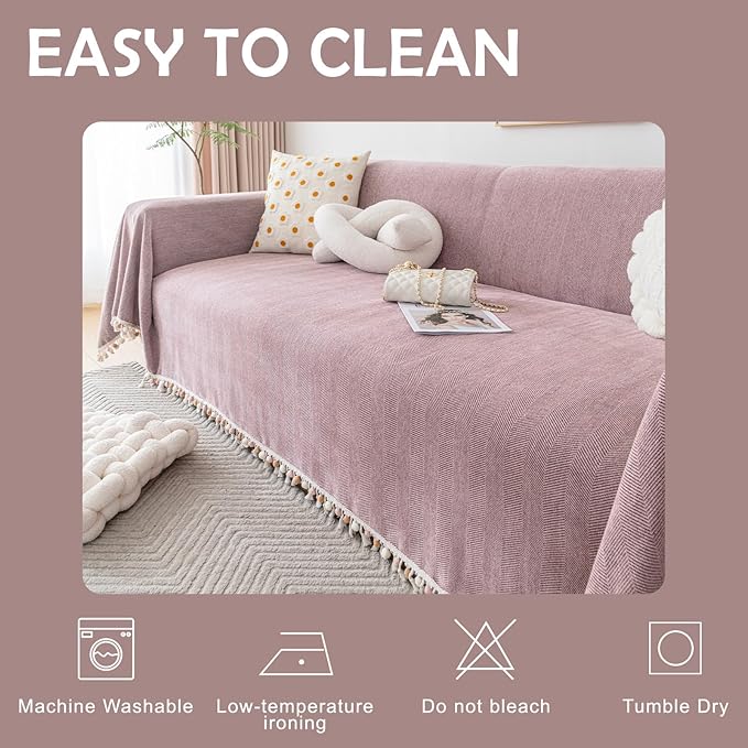 HANDONTIME Soild Couch Covers for Dogs Pink-Purple Sofa Covers Boho Cover for Sofa 3 Seats Chenille Sofa Throw Cover Mauve Sofa Covers for 3 Cushion Couch Tassel, Washable, Pet Friendly, 91" X134"