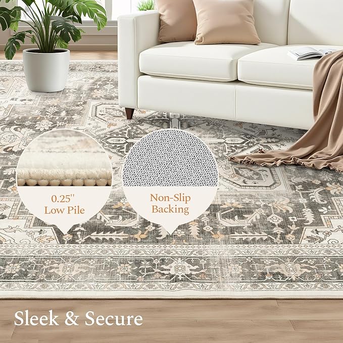 Rugflix 5x7 Area Rugs for Living Room, Machine Washable Rug Non Slip Stain Resistance, Large Rug Vintage Distressed Soft Carpet for Bedroom, Dining Room, Home Office, Beige Grey