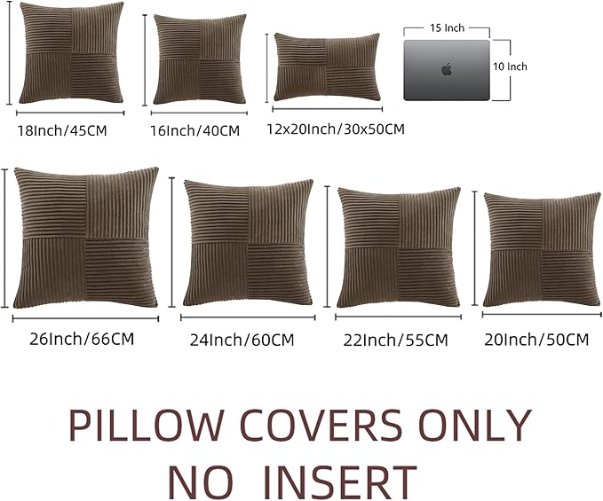Fancy Homi 2 Packs Dark Brown Big Decorative Throw Pillow Covers 24x24 Inch for Living Room Couch Bed, Farmhouse Boho Home Decor, Soft Corss Corduroy Patchwork Accent Square Cushion Case 60x60 cm