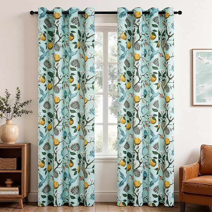 Topfinel 90 Inches Long Curtains Mint Green Whimsical Woodland Leaf Jungle Flower Hummingbird Victorian Grommet Thick Sage Green Curtains for Balcony Sliding Glass Office Bedroom Living Room