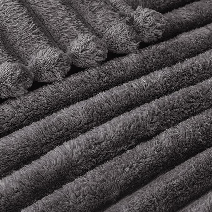 Exclusivo Mezcla Twin Size Flannel Fleece Blanket, Super Soft Striped Jacquard Bed Blanket, Lightweight Fuzzy Cozy for All Seasons, 60x80 Inches, Dark Grey