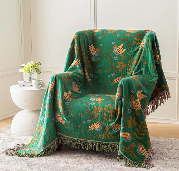 Green Fall Blanket 60''x 80'' Boho Throw Blankets for Couch Bed Chair,100% Cotton Quilts Christmas Warm Soft Blanket Muslin Bed Blankets Farmhouse Decoration