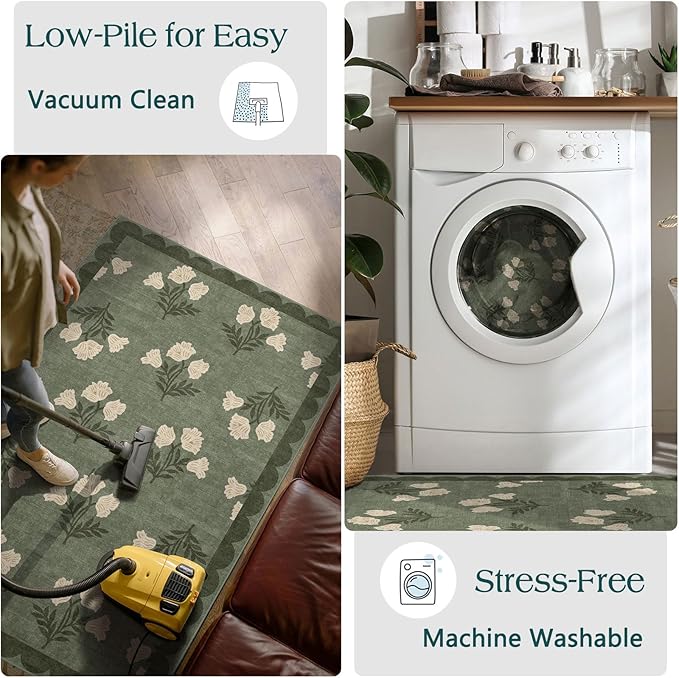 3x5 Floral Entry Rug - Small Washable Indoor Outdoor Mats for Front Door Non-Slip Spring Porch Rug Sage Green Farmhouse Throw Rugs for Living Room Bedroom Entryway Kitchen Office Porch Decor