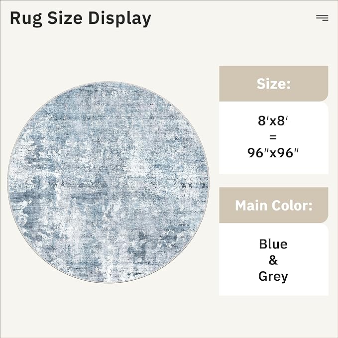 8x8 Blue/Grey Round Rug 8ft Living Room Circle Rug Vintage Round Area Rug Non Slip Indoor Carpet for Apartment