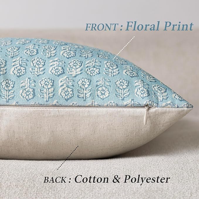 Foindtower Set of 2 Decorative Neutral Floral Print Throw Pillow Covers Vintage Accent Farmhouse Cushion Covers Boho Home Decor for Sofa Chair Couch Bedroom Living Room Outdoor,18×18 Inch,Sky Blue