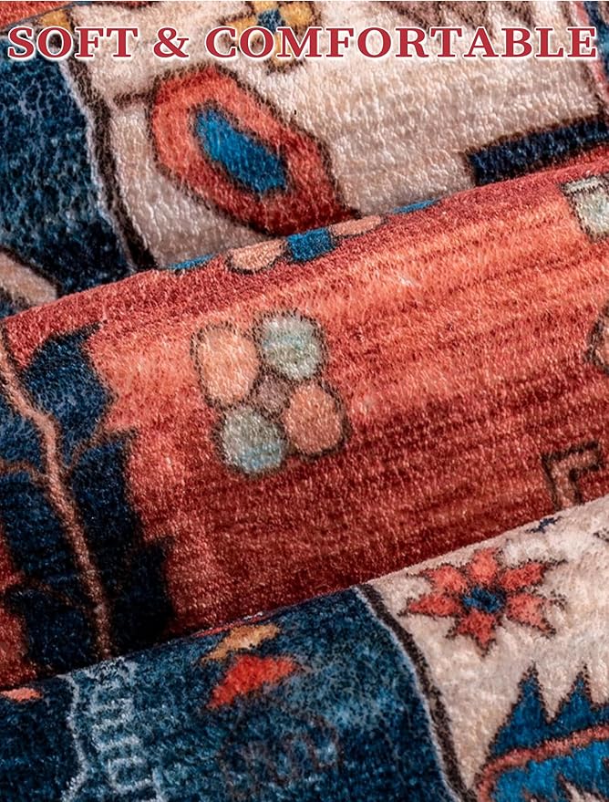 SERISSA Runner Rug for Hallways, 2'6"x8' Washable Non Slip Boho Kitchen Runner Rug, Vintage Rust Ultra Soft Print Distressed Tribal Floor Carpet for Bedroom Bathroom Laundry Room