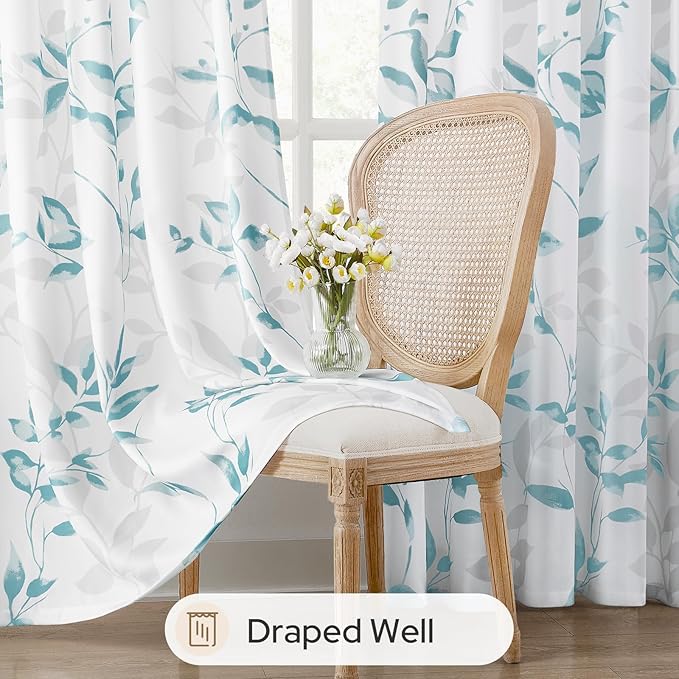 HOMEIDEAS Non-See-Through Teal and White Privacy Sheer Curtains 52 X 96 Inch Length 2 Panels, Leaf Floral Printed Light Filtering Semi Sheer Window Curtains Drapes for Bedroom Living Room
