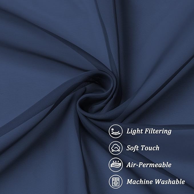 Chyhomenyc Sheer Window Valance Curtains, 42x14 Inches Light Filtering Valances Windows Treatment, Small Rod Pockets Voile Sheer Curtains for Living Room/Bathroom/Basement, Navy Blue, 2PCS