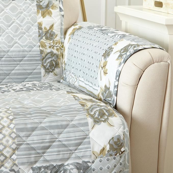 Great Bay Home Reversible Patchwork Chair Cover - Washable Slipcover Furniture Protector with Elastic Straps - Perfect for Kids & Pets - Box-Stitched Detail (Grey)