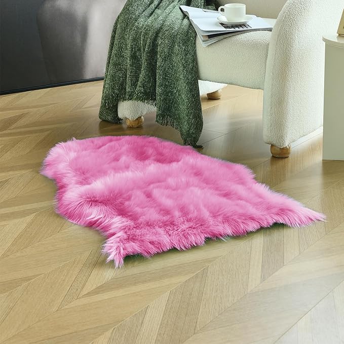 duduta Hot Pink Faux Sheepskin Throw Rug 2x3 ft, Fluffy Shag Rug for Bedroom Dorm Kids Room Fur Seat Chair Covers Non Slip
