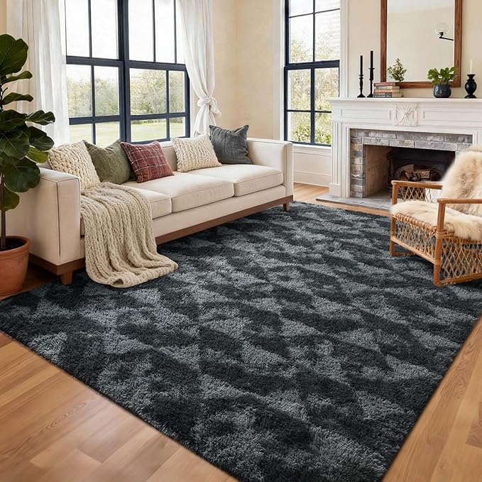 8x10 Ft Extra Large Shag Rugs for Bedroom Living Room for Men Boys, Tie Dyed Ultra Soft Fluffy Furry Area Rug for Indoor Floor, Aesthetic Carpet for Home Decor (Black Grey)