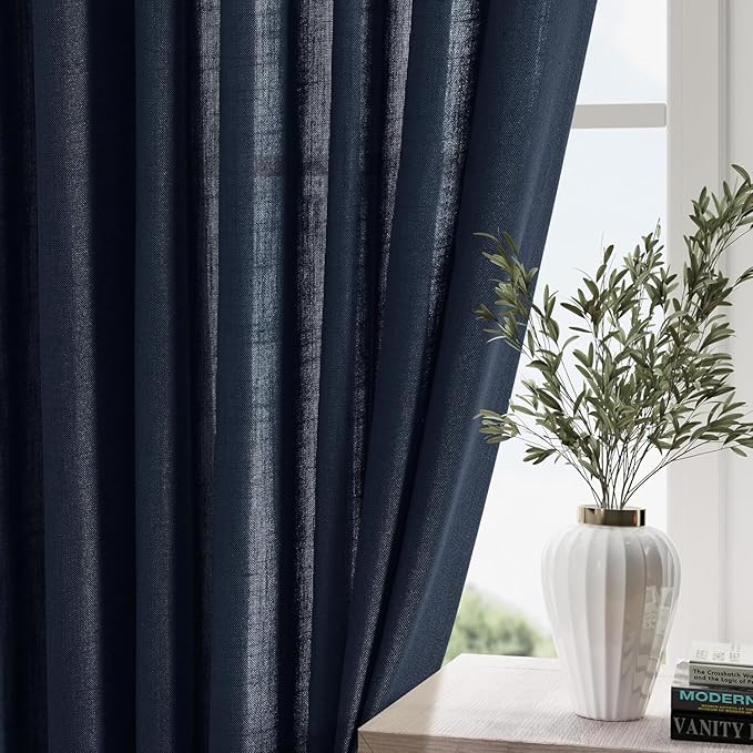 Navy Blue Linen Curtains 102 Inches Long for Living Room 2 Panel Set Back Tab Rod Pocket Indigo Semi Sheer Curtains Light Filtering Burlap Extra Long Drapes Farmhouse Decor for High Window 40x102