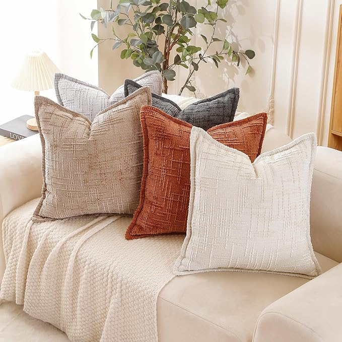 HPUK Fall Chenille Soft Throw Pillow Covers 18x18 Set of 2, Accent Cushion Covers for Living Room, Bedroom, Decorative Solid Color Pillow Covers for Couch, Sofa, Chair, Light Brown
