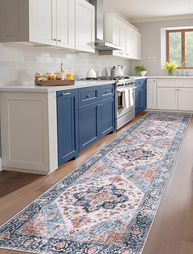 SERISSA Runner Rug for Hallways, 2'6"x12' Washable Non Slip Kitchen Runner Rug, Extra Long Boho Rug Ultra Soft Vintage Blue Orange Floor Carpet for Bedroom Hallway Entryway Bathroom Laundry Room