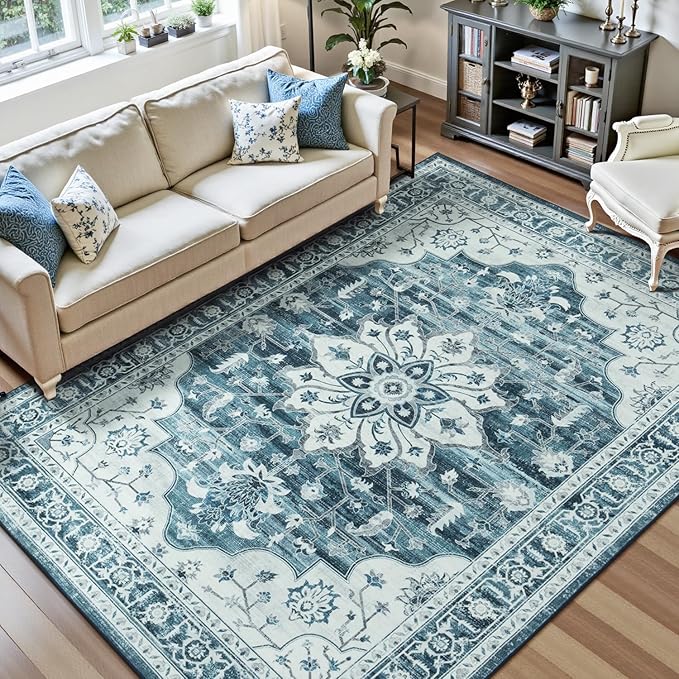 Lofus 8x10 Washable Area Rug, Vintage Floral Rugs for Living Room, Bedroom, Dinning Room, Low Pile Large Area Rugs with Non-Slip Backing, Sunflower Print Pattern, Neutral Blue