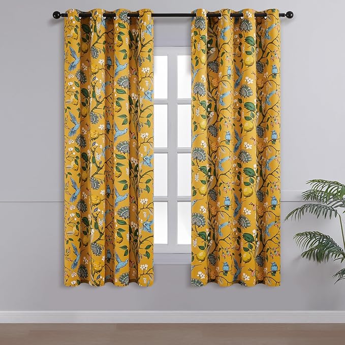 Topfinel Mustard Yellow Curtains, Aesthetic Unique Rustic Thermal Insulated Noise Reducing Cottagecore Floral Flower Printed Modern Farmhouse Window Treatment 63 Inch Length 2 Panels Bedroom 52x63