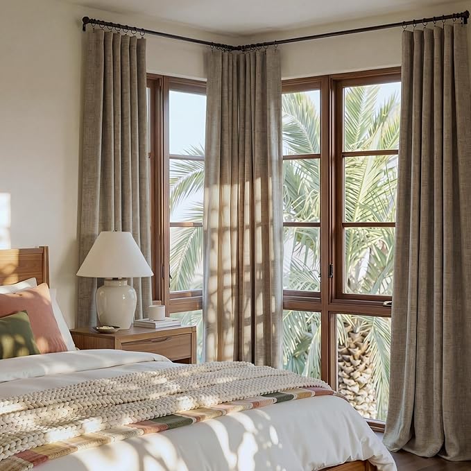 RYB HOME Burlap 100% Blackout Linen Curtains for Bedroom 52 Width 120 Long, Thich Elegant Extra Long Drapes for Modern/Vintage/Farmhouse Home Decor, Thermal Insulated Window Treatment, 2 Panels
