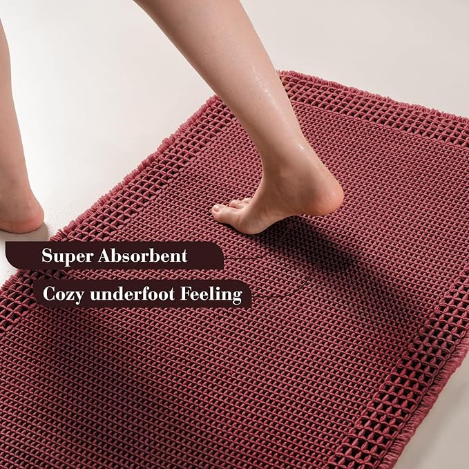 RESARE Waffle Bath Mat for Bathroom, Super Absorbent Bathroom Rugs Non Slip Machine Washable, Ultra Soft Quick Dry Boho Bath Rugs with Tassels for Floor, Upgraded Bordered Design, 18"x30" Dark Red