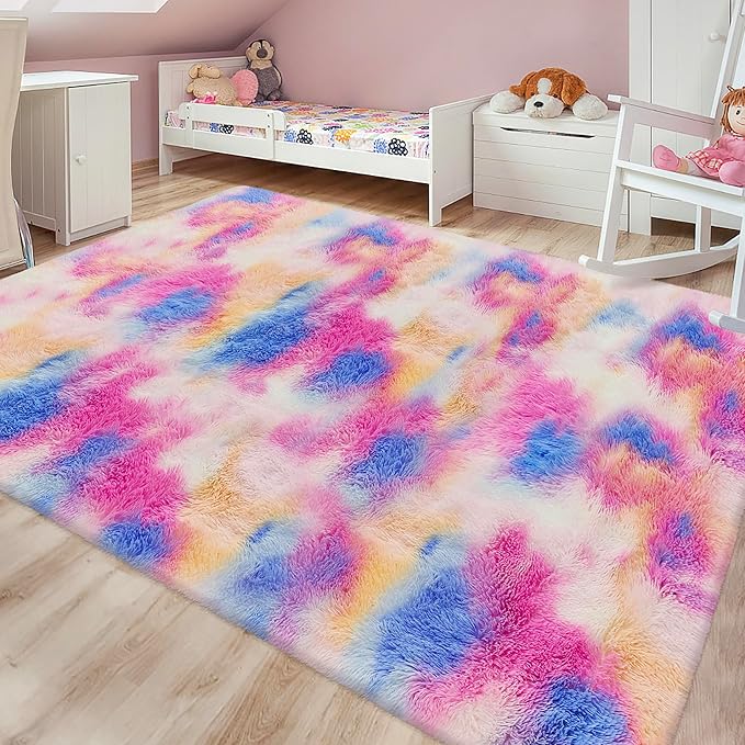 Fluffy Rainbow Colorful Rug for Living Room 6x9 Kawaii Rainbow Tie Dye Area Rug Fuzzy Indoor Floor Unicorn Rug for Bedroom Girls Kids Nursery Baby Princess Room Dorm Home Decor Aesthetic Carpets