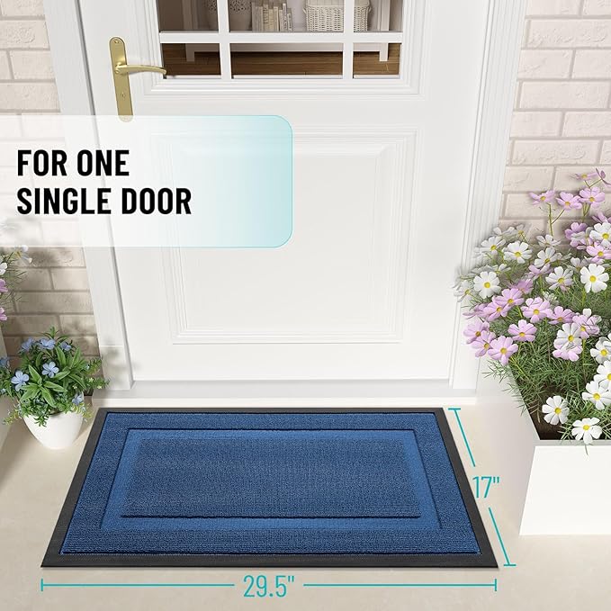 OLANLY Front Door Mat Indoor Outdoor Entrance, Waterproof All-Season, All-Weather Doormat, Sturdy Natural Rubber, Low Profile, Easy Clean Patio Porch Entryway Mat, 47x17, Navy Blue